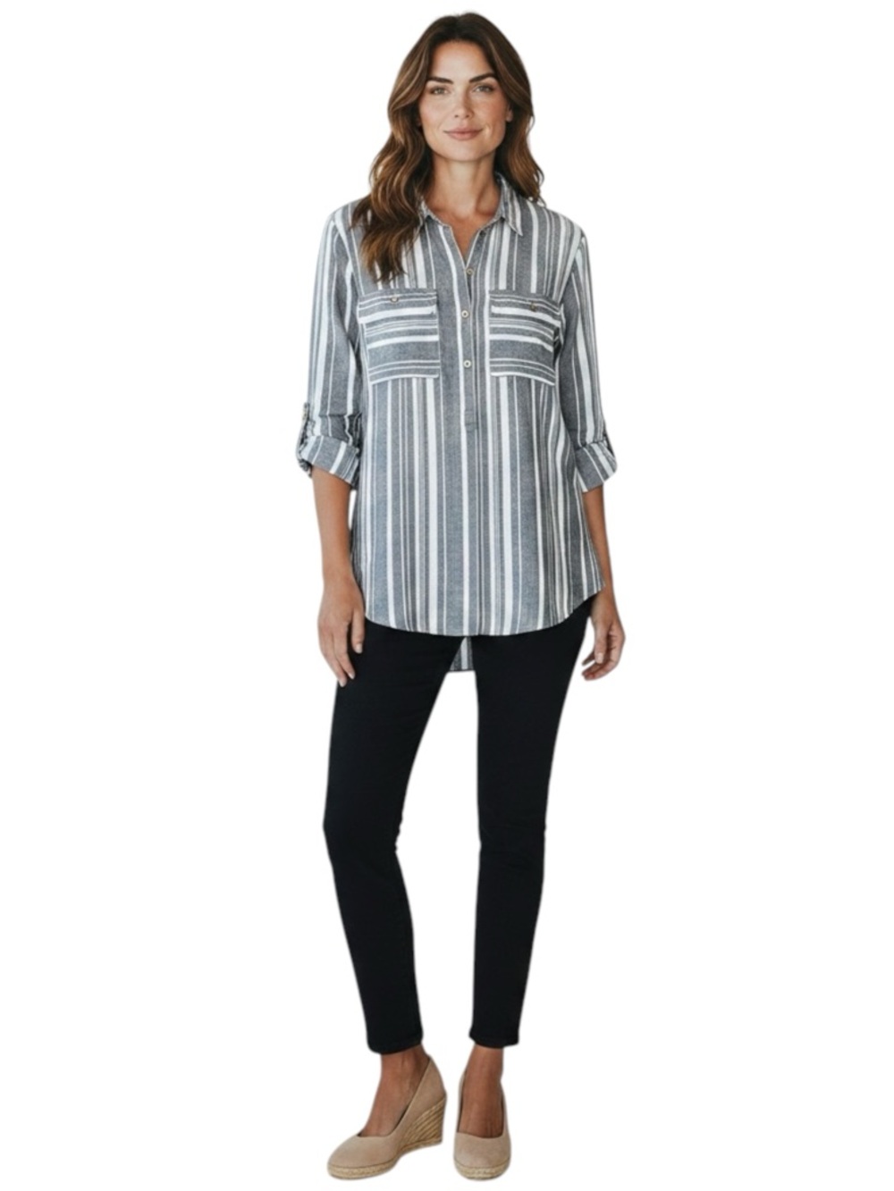 ELLEN TRACY Gray & White Stripe Button-Front Linen Shirt Size Large - Picture 2 of 10